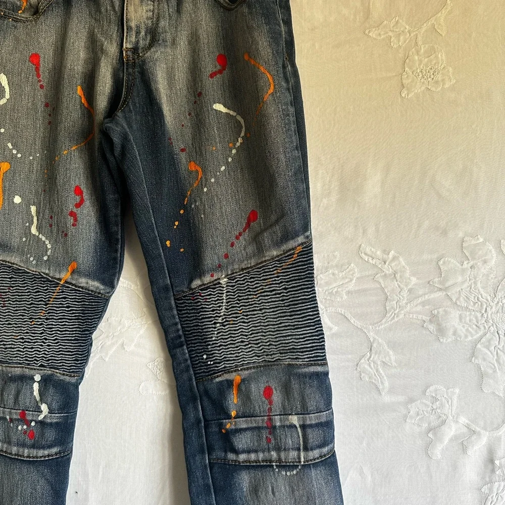 Thrill Blue Denim Skinny Jeans with Artistic Splatter,Streetwear, Biker,Edgy